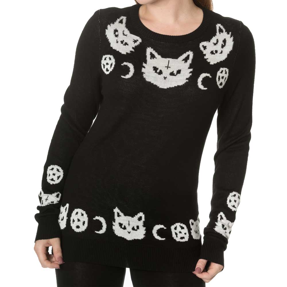 Banned Banned Gebreide trui Haunted diva ZwartPaars Haunted Diva gebreide dames trui met vleermuizen patroon en